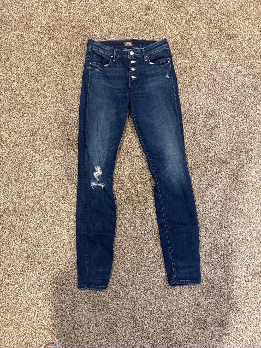 MOTHER Dark Blue High-Rise Distressed Skinny Jeans